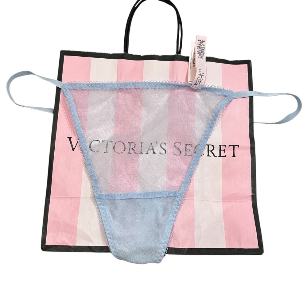 NWT Victoria's Secret Baby Blue Sheer Glitter Thong Panty‎ Rhinestone Detail XXL